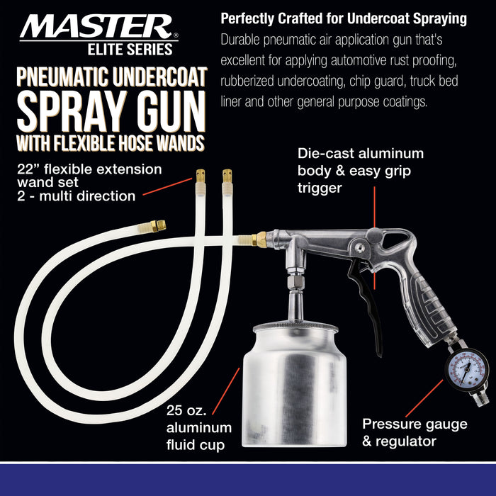 Master Elite Undercoating Spray Gun with Regulator, 25 oz Suction Feed Cup & 2 Flexible Extension Wands - Pneumatic Automotive Application Sprayer Undercoating Gun for Truck Bed Liner & Rust Proofing
