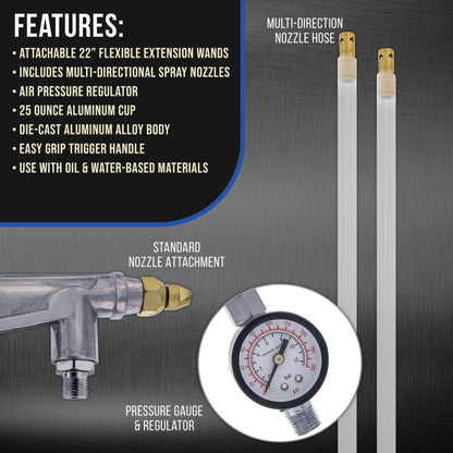 Undercoating Spray Gun with Regulator, 25 oz Suction Feed Cup & 2 Flexible Extension Wands - Pneumatic Automotive Application Sprayer