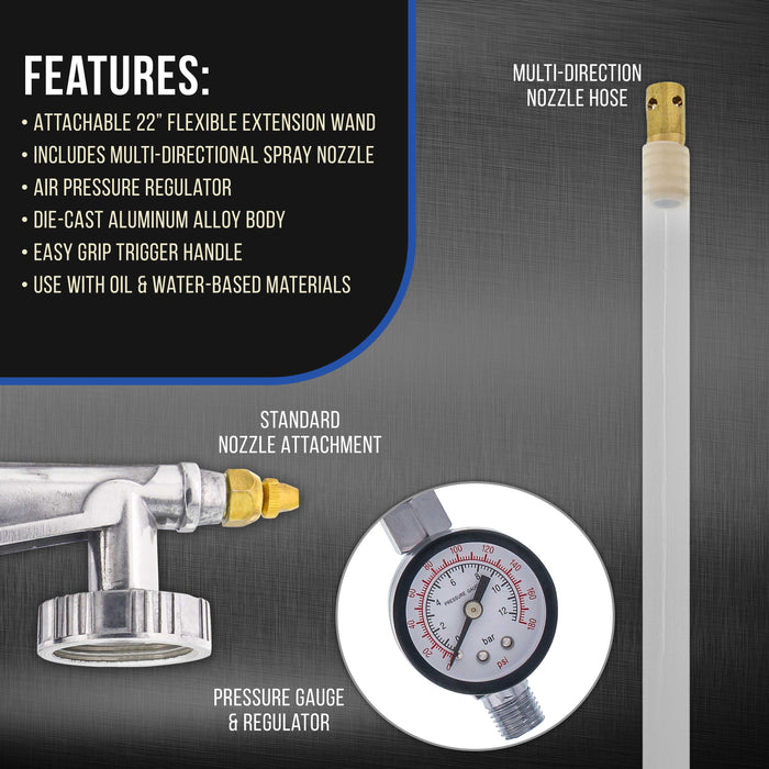 Air Rust Proofing and Undercoating Gun with Gauge - 22" Long Flexible Extension Wand with Multi-Directional Nozzle - Apply Spray Truck Bed Liner Coating, Rubberized Undercoat, Chip Guard