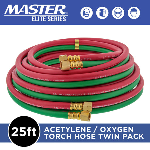 Master Elite Series 25 Foot Oxygen Acetylene Hose Twin Welding Hose Set, 1/4 Inch B Fittings, 9/16”-18 - Cutting Torch Hoses, Welder Gas Hose, Grade R