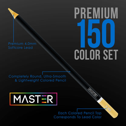 Master 150 Colored Pencil Mega Tin Set with Premium Soft Thick Core Vibrant Color Leads with 4 Different Drawing & Sketching Paper Pads