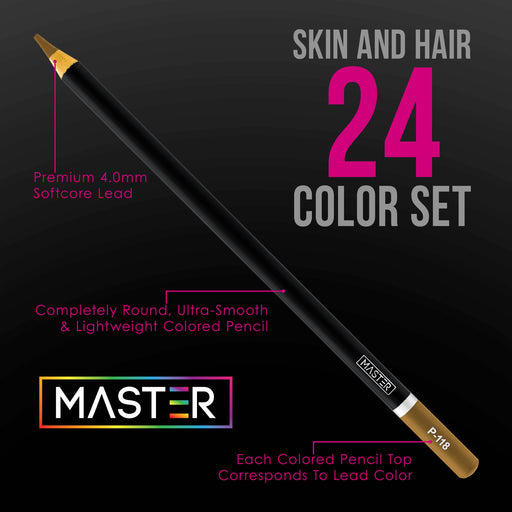 Master 24 Colored Pencil Skin and Hair Tone Set with Premium Soft Thick Core Vibrant Color Leads - Professional Ultra-Smooth Artist Quality