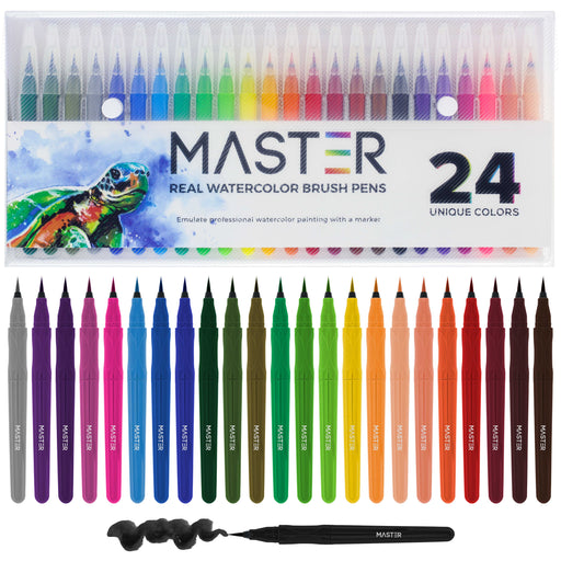 24 Color Mastermarkers® Watercolor Soft Flexible Brush Tip Pens Set - Fine, Broad Lines, Vibrant, Adult Coloring Books Manga Calligraphy Art Sketching