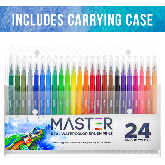 24 Color Mastermarkers® Watercolor Soft Flexible Brush Tip Pens Set - Fine, Broad Lines, Vibrant, Adult Coloring Books Manga Calligraphy Art Sketching