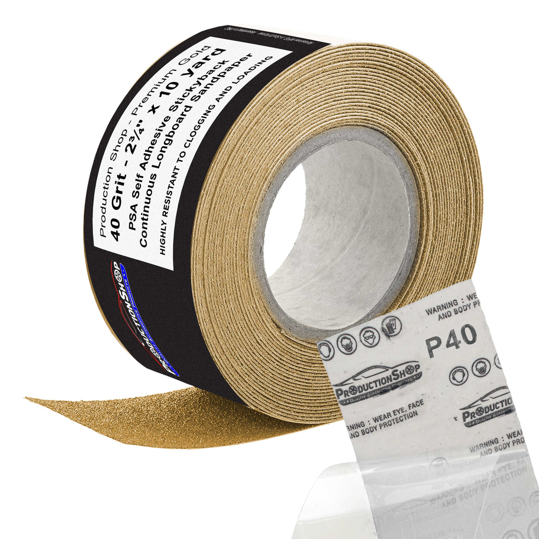 Premium 40 Grit PSA Gold Longboard Sandpaper, 2-3/4" Wide Continuous 10 Yard Roll - Self Adhesive Stickyback