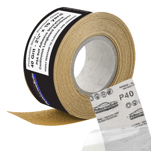 Premium 40 Grit PSA Gold Longboard Sandpaper, 2-3/4" Wide Continuous 10 Yard Roll - Self Adhesive Stickyback for Autobody Paint, Wood Air File Long Board Sanders, Hand Sanding Blocks