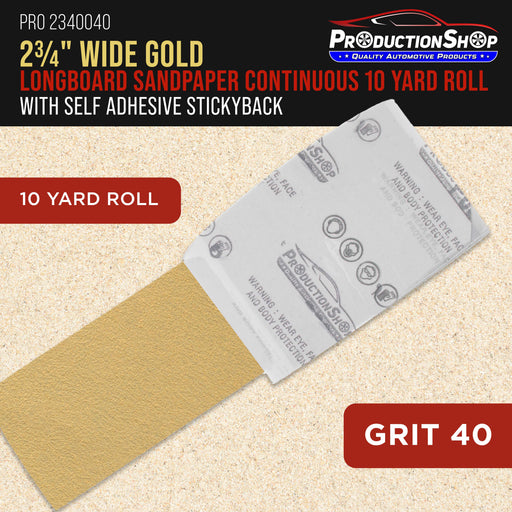 Premium 40 Grit PSA Gold Longboard Sandpaper, 2-3/4" Wide Continuous 10 Yard Roll - Self Adhesive Stickyback for Autobody Paint, Wood Air File Long Board Sanders, Hand Sanding Blocks