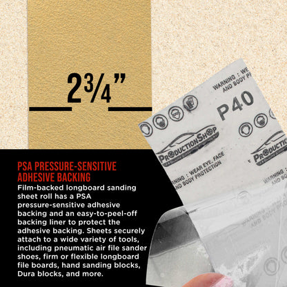 Premium 40 Grit PSA Gold Longboard Sandpaper, 2-3/4" Wide Continuous 10 Yard Roll - Self Adhesive Stickyback
