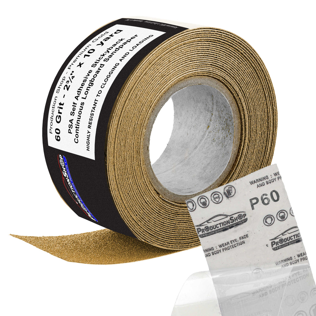Premium 60 Grit PSA Gold Longboard Sandpaper, 2-3/4" Wide Continuous 10 Yard Roll - Self Adhesive Stickyback