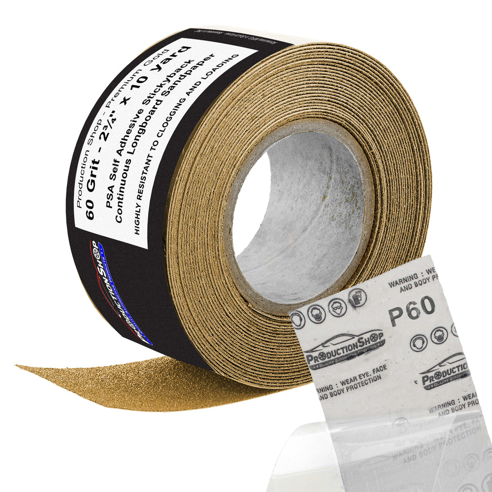 Premium 60 Grit PSA Gold Longboard Sandpaper, 2-3/4" Wide Continuous 10 Yard Roll - Self Adhesive Stickyback for Autobody Paint, Wood Air File Long Board Sanders, Hand Sanding Blocks