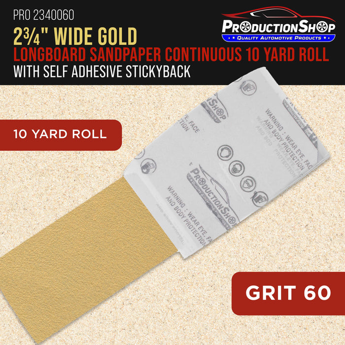 Premium 60 Grit PSA Gold Longboard Sandpaper, 2-3/4" Wide Continuous 10 Yard Roll - Self Adhesive Stickyback for Autobody Paint, Wood Air File Long Board Sanders, Hand Sanding Blocks