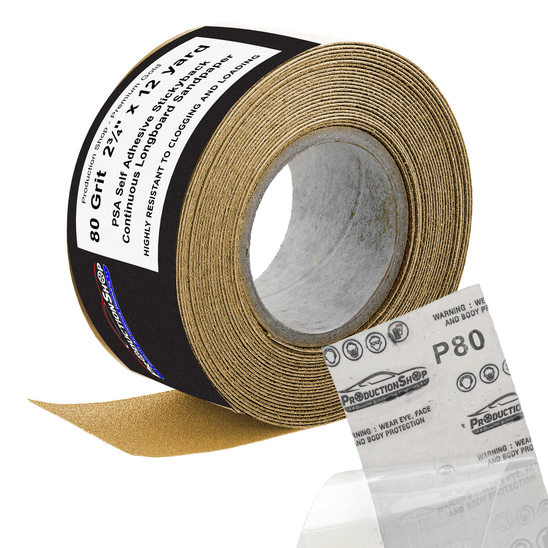 Premium 80 Grit PSA Gold Longboard Sandpaper, 2-3/4" Wide Continuous 12 Yard Roll - Self Adhesive Stickyback