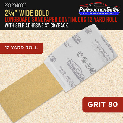 Premium 80 Grit PSA Gold Longboard Sandpaper, 2-3/4" Wide Continuous 12 Yard Roll - Self Adhesive Stickyback