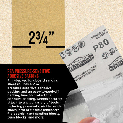 Premium 80 Grit PSA Gold Longboard Sandpaper, 2-3/4" Wide Continuous 12 Yard Roll - Self Adhesive Stickyback