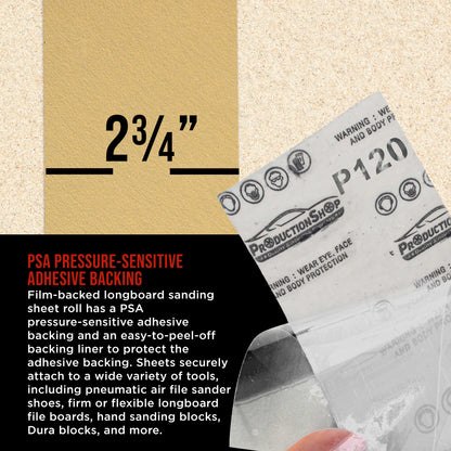 Premium 120 Grit PSA Gold Longboard Sandpaper, 2-3/4" Wide Continuous 12 Yard Roll - Self Adhesive Stickyback