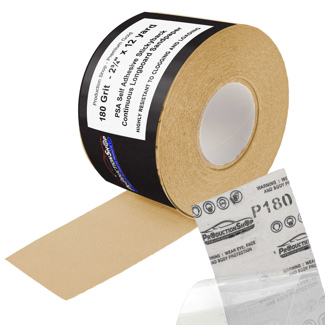 Premium 180 Grit PSA Gold Longboard Sandpaper, 2-3/4" Wide Continuous 12 Yard Roll - Self Adhesive Stickyback