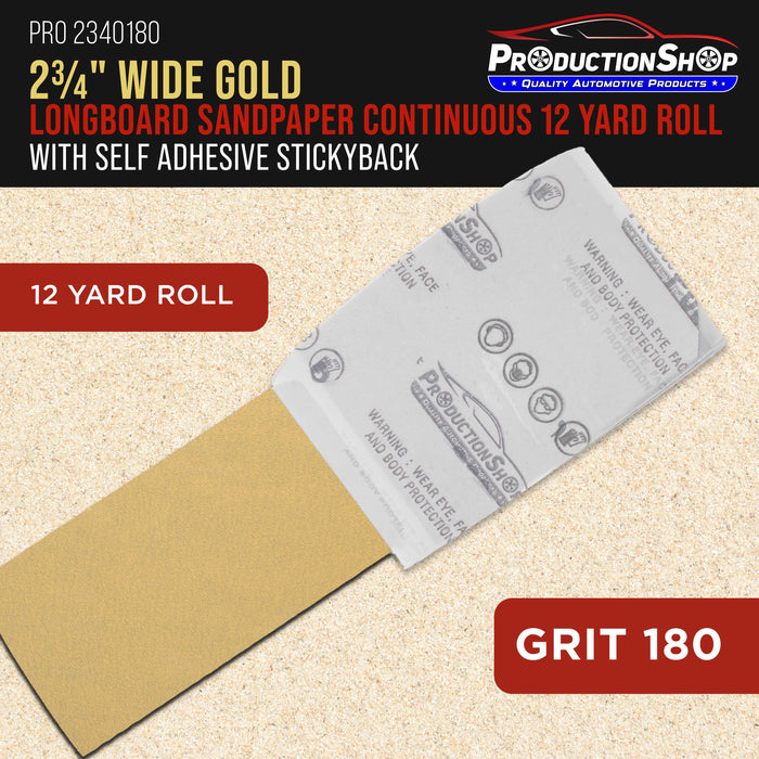 Premium 180 Grit PSA Gold Longboard Sandpaper, 2-3/4" Wide Continuous 12 Yard Roll - Self Adhesive Stickyback for Autobody Paint, Wood Air File Long Board Sanders, Hand Sanding Blocks