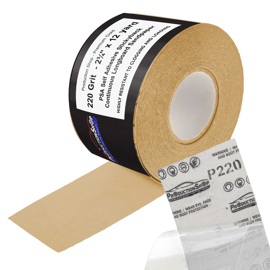 Premium 220 Grit PSA Gold Longboard Sandpaper, 2-3/4" Wide Continuous 12 Yard Roll - Self Adhesive Stickyback