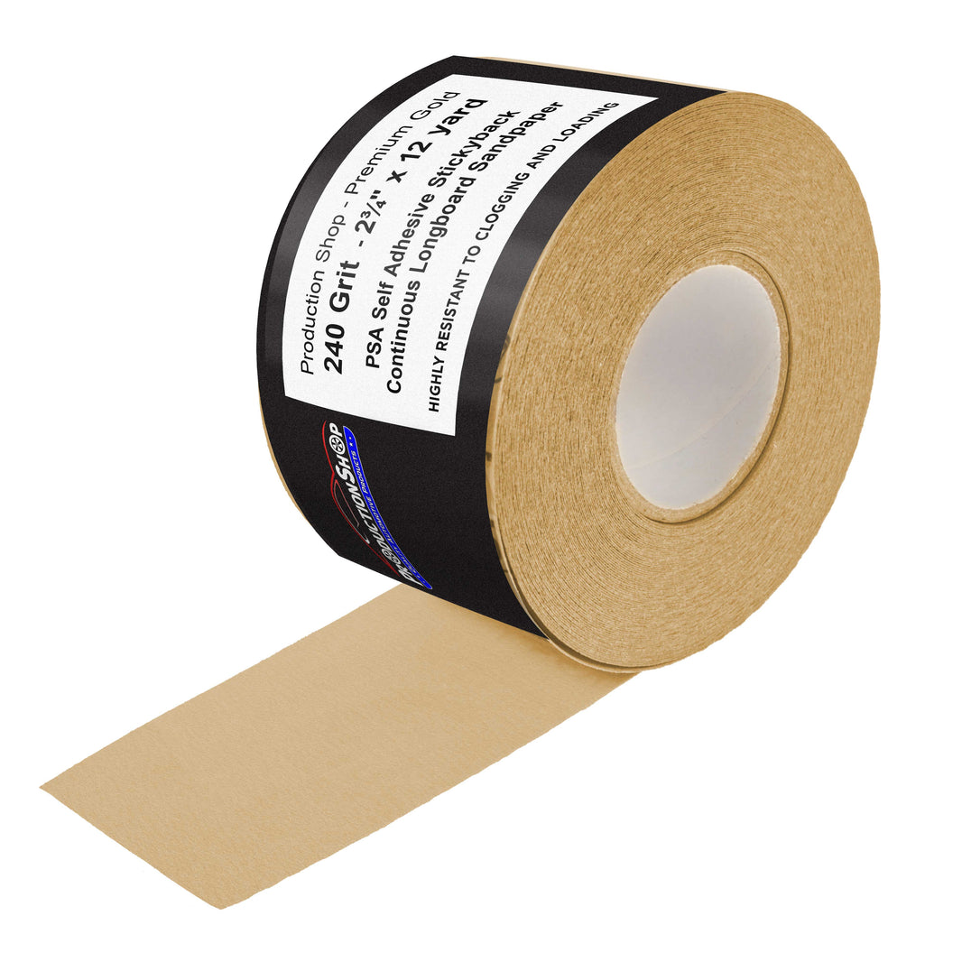 Premium 240 Grit PSA Gold Longboard Sandpaper, 2-3/4" Wide Continuous 12 Yard Roll - Self Adhesive Stickyback