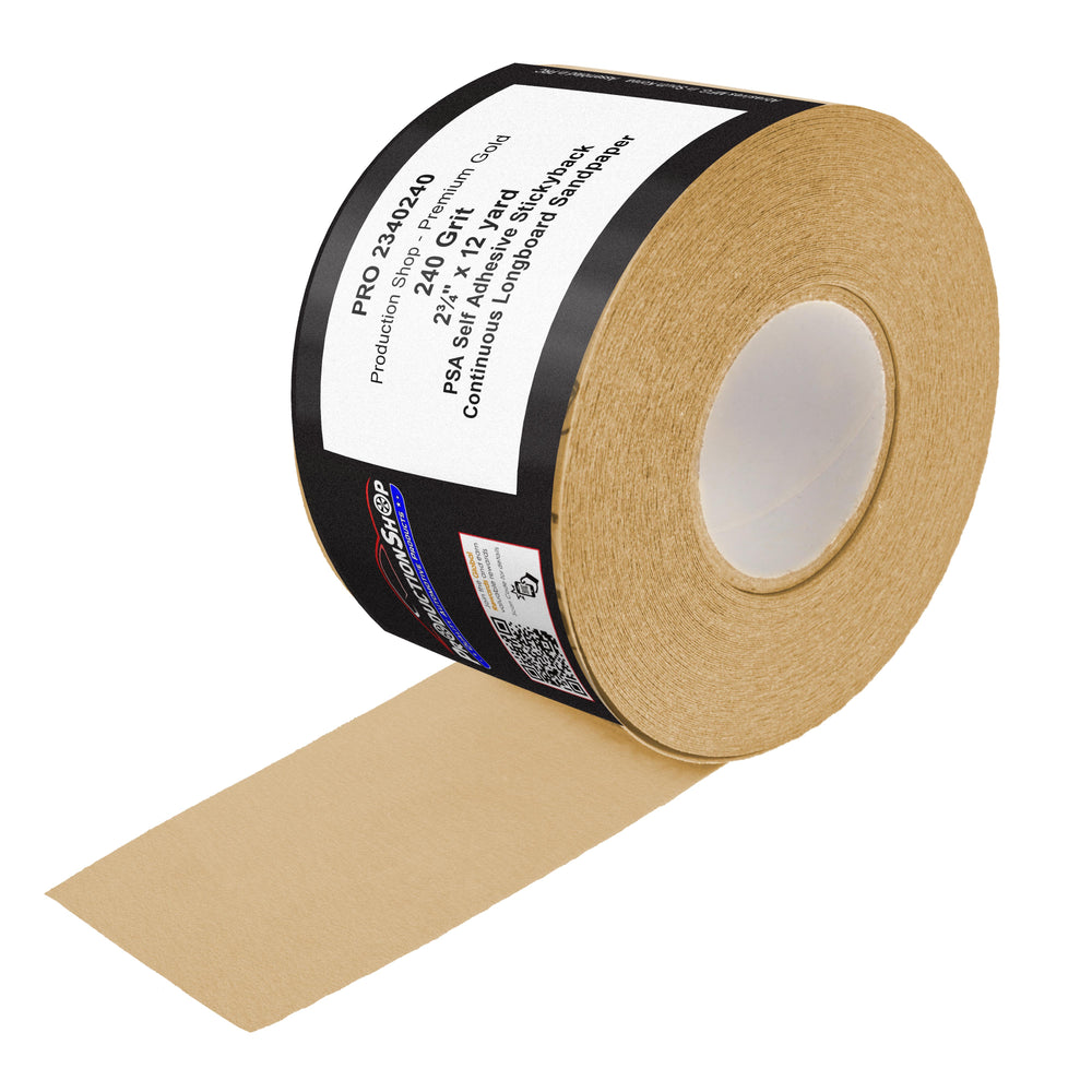 Premium 240 Grit PSA Gold Longboard Sandpaper, 2-3/4" Wide Continuous 12 Yard Roll - Self Adhesive Stickyback for Autobody Paint, Wood Air File Long Board Sanders, Hand Sanding Blocks