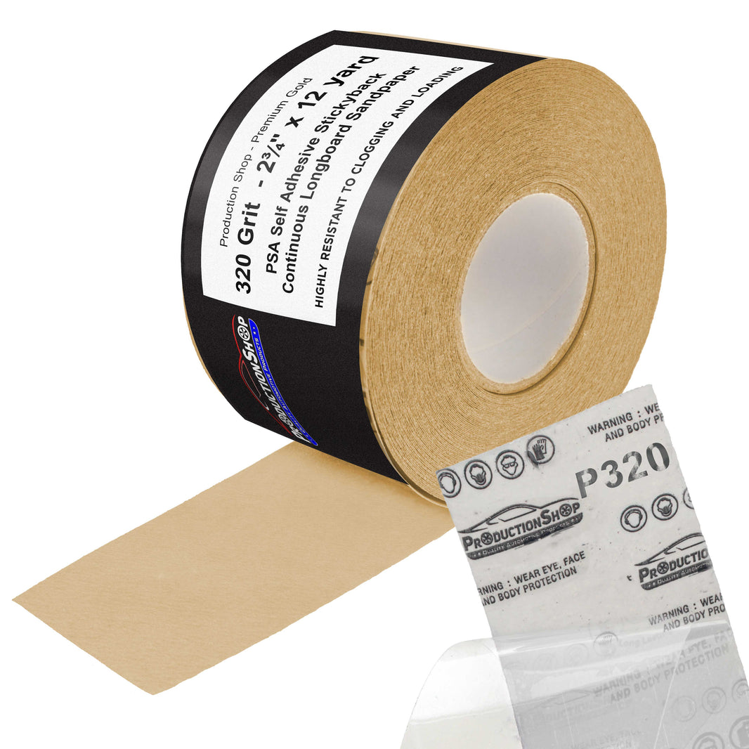 Premium 320 Grit PSA Gold Longboard Sandpaper, 2-3/4" Wide Continuous 12 Yard Roll - Self Adhesive Stickyback
