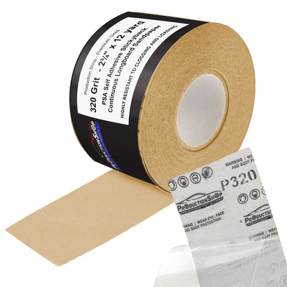 Premium 320 Grit PSA Gold Longboard Sandpaper, 2-3/4" Wide Continuous 12 Yard Roll - Self Adhesive Stickyback