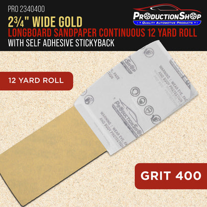 Premium 400 Grit PSA Gold Longboard Sandpaper, 2-3/4" Wide Continuous 12 Yard Roll - Self Adhesive Stickyback