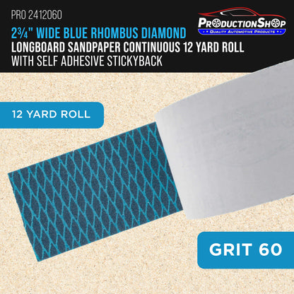 60 Grit PSA Rhombus Diamond Shape Blue Longboard Sandpaper, 2-3/4" Wide Continuous 12 Yard Roll - Self Adhesive Stickyback
