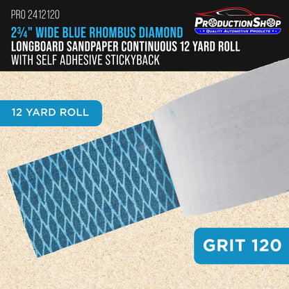120 Grit PSA Rhombus Diamond Shape Blue Longboard Sandpaper, 2-3/4" Wide Continuous 12 Yard Roll - Self Adhesive Stickyback