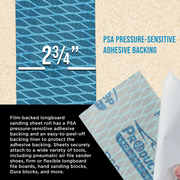180 Grit PSA Rhombus Diamond Shape Blue Longboard Sandpaper, 2-3/4" Wide Continuous 12 Yard Roll - Self Adhesive Stickyback for Auto Wood Air File Long Board Sanders, Hand Sanding Block
