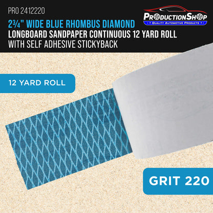 220 Grit PSA Rhombus Diamond Shape Blue Longboard Sandpaper, 2-3/4" Wide Continuous 12 Yard Roll - Self Adhesive Stickyback