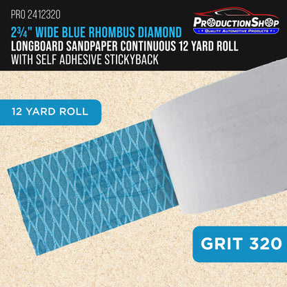 320 Grit PSA Rhombus Diamond Shape Blue Longboard Sandpaper, 2-3/4" Wide Continuous 12 Yard Roll - Self Adhesive Stickyback