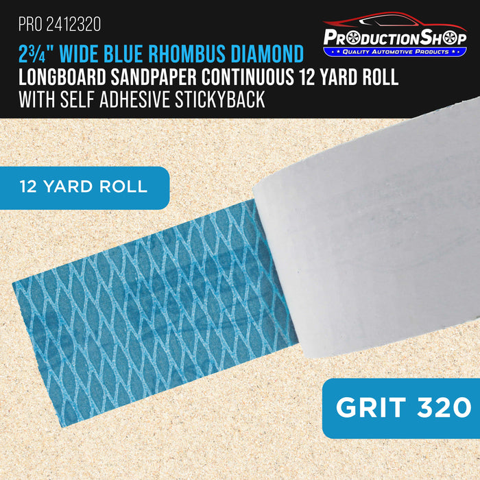 320 Grit PSA Rhombus Diamond Shape Blue Longboard Sandpaper, 2-3/4" Wide Continuous 12 Yard Roll - Self Adhesive Stickyback for Auto Wood Air File Long Board Sanders, Hand Sanding Block