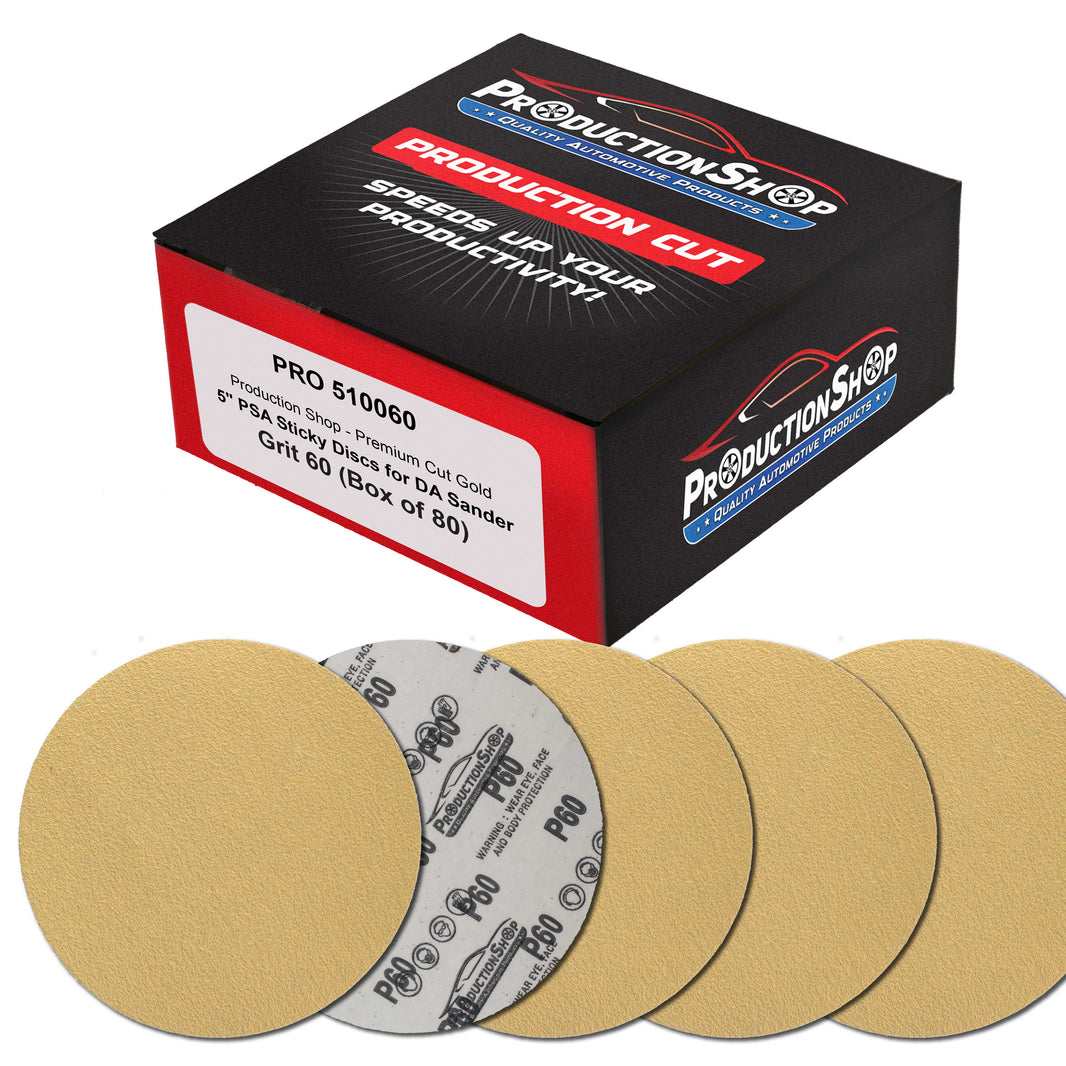 Premium 60 Grit 5" PSA Gold Sanding Discs, Box of 80 - Self Adhesive Stickyback Abrasive Sandpaper for DA & Random Orbital Sanders