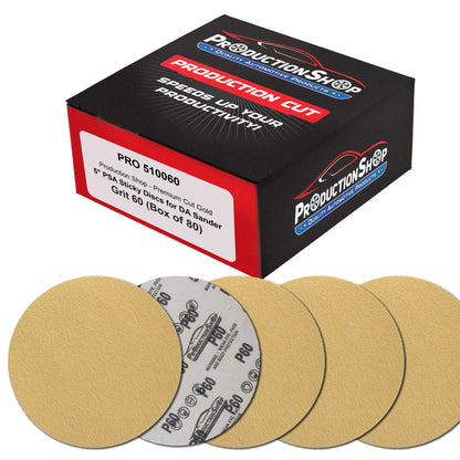 Premium 60 Grit 5" PSA Gold Sanding Discs, Box of 80 - Self Adhesive Stickyback Abrasive Sandpaper for DA & Random Orbital Sanders