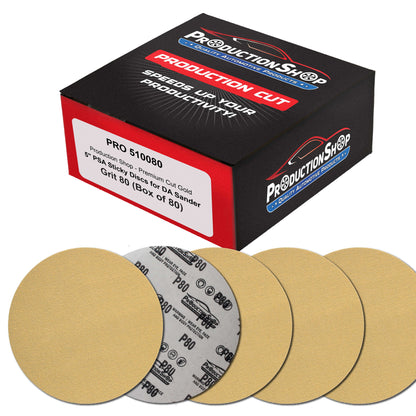 Premium 80 Grit 5" PSA Gold Sanding Discs, Box of 100 - Self Adhesive Stickyback Abrasive Sandpaper for DA & Random Orbital Sanders