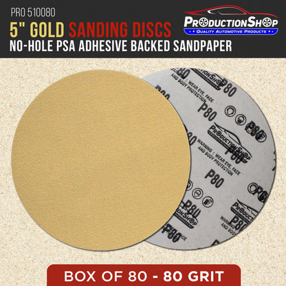Premium 80 Grit 5" PSA Gold Sanding Discs, Box of 100 - Self Adhesive Stickyback Abrasive Sandpaper for DA & Random Orbital Sanders