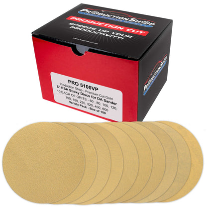 Premium 5" PSA Gold Sanding Discs, 100 Disc Variety Pack, Grits 60, 80, 100, 120, 150, 180, 220, 320, 400, 600 - Self Adhesive Stickyback Sandpaper, DA & Random Orbital Sanders