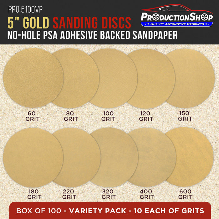 Premium 5" PSA Gold Sanding Discs, 100 Disc Variety Pack, Grits 60, 80, 100, 120, 150, 180, 220, 320, 400, 600 - Self Adhesive Stickyback Sandpaper, DA & Random Orbital Sanders - Wood