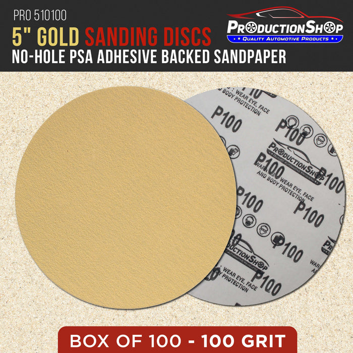 Premium 100 Grit 5" PSA Gold Sanding Discs, Box of 100 - Self Adhesive Stickyback Abrasive Sandpaper for DA & Random Orbital Sanders - Sand Auto Paint Metal, Wood Woodworking Furniture