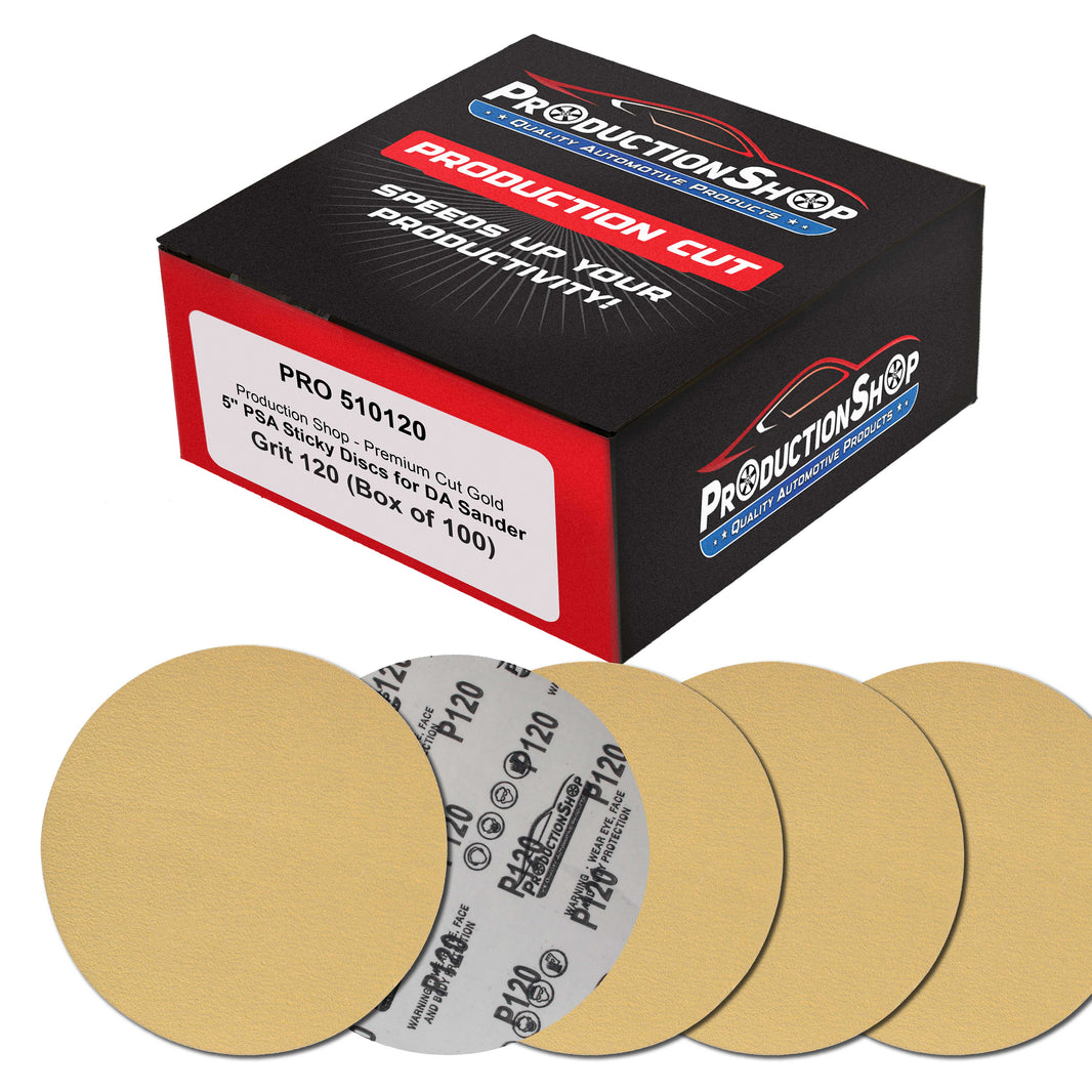 Premium 120 Grit 5" PSA Gold Sanding Discs, Box of 100 - Self Adhesive Stickyback Abrasive Sandpaper for DA & Random Orbital Sanders