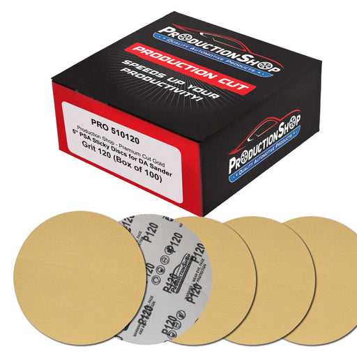 Premium 120 Grit 5" PSA Gold Sanding Discs, Box of 100 - Self Adhesive Stickyback Abrasive Sandpaper for DA & Random Orbital Sanders - Sand Auto Paint Metal, Wood Woodworking Furniture