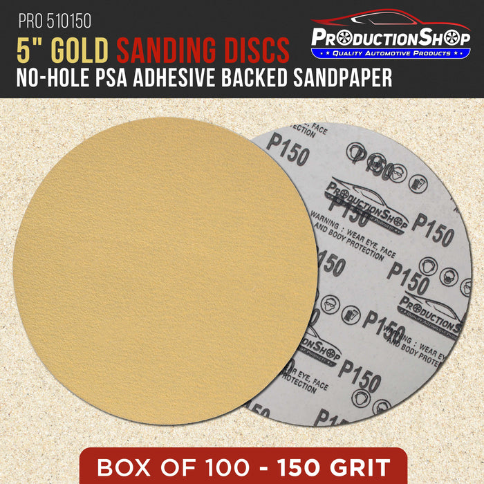 Premium 150 Grit 5" PSA Gold Sanding Discs, Box of 100 - Self Adhesive Stickyback Abrasive Sandpaper for DA & Random Orbital Sanders - Sand Auto Paint Metal, Wood Woodworking Furniture