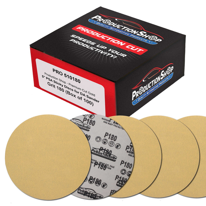 Premium 180 Grit 5" PSA Gold Sanding Discs, Box of 100 - Self Adhesive Stickyback Abrasive Sandpaper for DA & Random Orbital Sanders - Sand Auto Paint Metal, Wood Woodworking Furniture