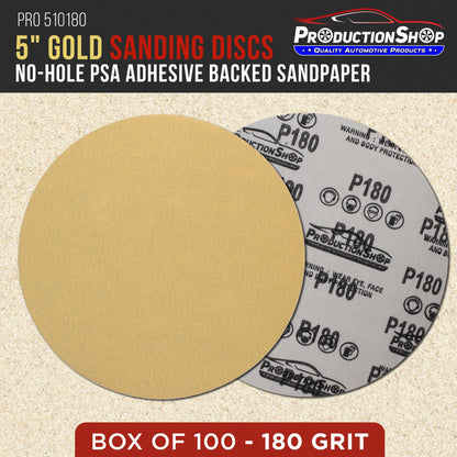 Premium 180 Grit 5" PSA Gold Sanding Discs, Box of 100 - Self Adhesive Stickyback Abrasive Sandpaper for DA & Random Orbital Sanders