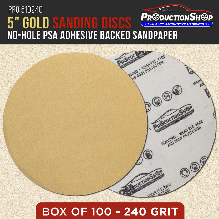 Premium 240 Grit 5" PSA Gold Sanding Discs, Box of 100 - Self Adhesive Stickyback Abrasive Sandpaper for DA & Random Orbital Sanders - Sand Auto Paint Metal, Wood Woodworking Furniture