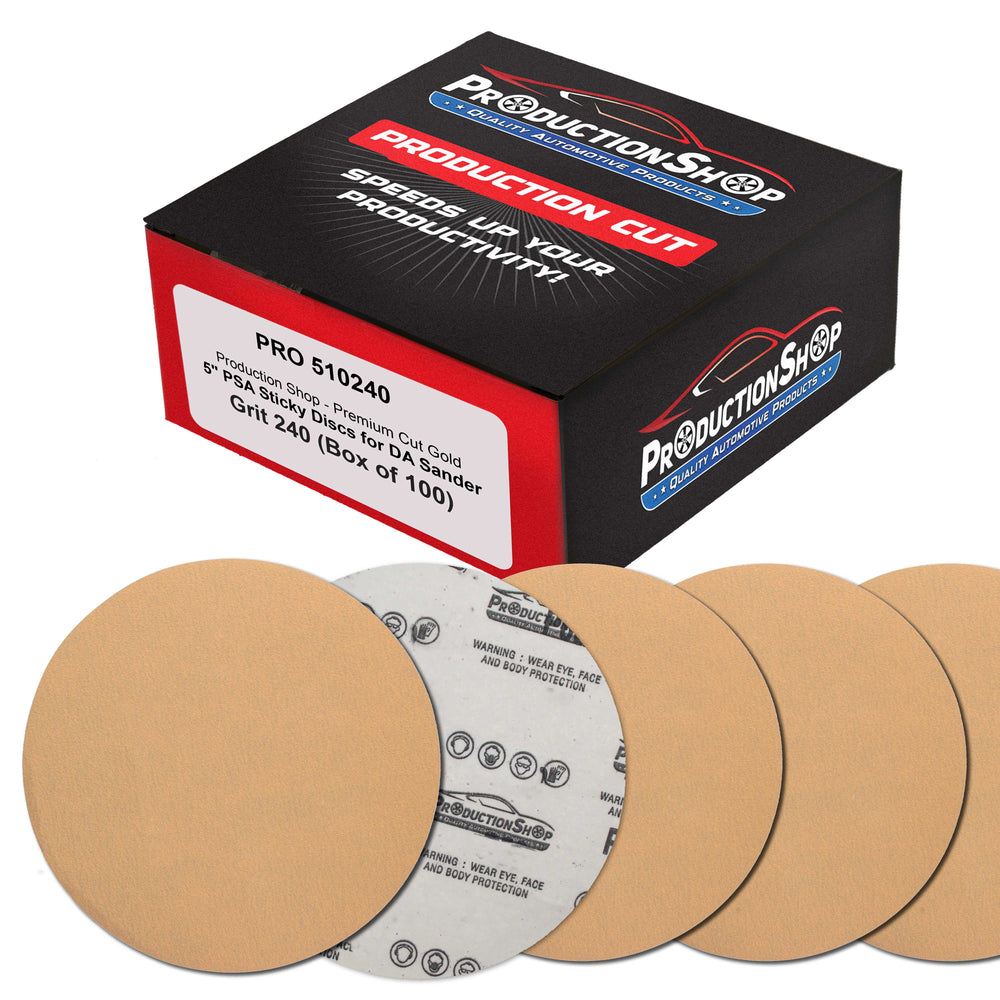 Premium 240 Grit 5" PSA Gold Sanding Discs, Box of 100 - Self Adhesive Stickyback Abrasive Sandpaper for DA & Random Orbital Sanders - Sand Auto Paint Metal, Wood Woodworking Furniture