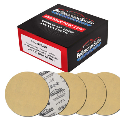 Premium 320 Grit 5" PSA Gold Sanding Discs, Box of 100 - Self Adhesive Stickyback Abrasive Sandpaper for DA & Random Orbital Sanders