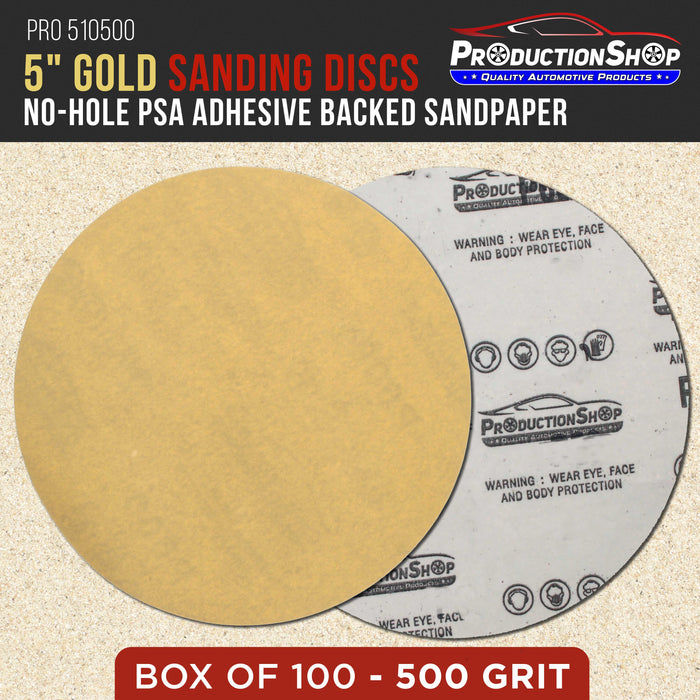 Premium 500 Grit 5" PSA Gold Sanding Discs, Box of 100 - Self Adhesive Stickyback Abrasive Sandpaper for DA & Random Orbital Sanders - Sand Auto Paint Metal, Wood Woodworking Furniture