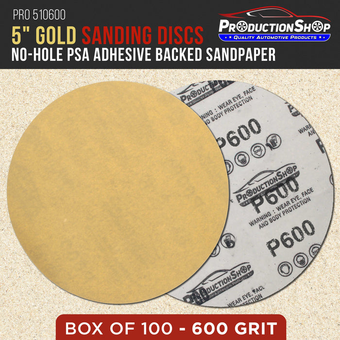 Premium 600 Grit 5" PSA Gold Sanding Discs, Box of 100 - Self Adhesive Stickyback Abrasive Sandpaper for DA & Random Orbital Sanders - Sand Auto Paint Metal, Wood Woodworking Furniture